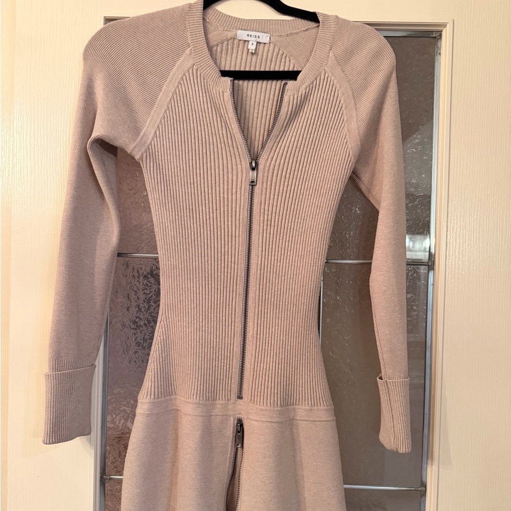Reiss Cream Ribbed Zip-Up Dress